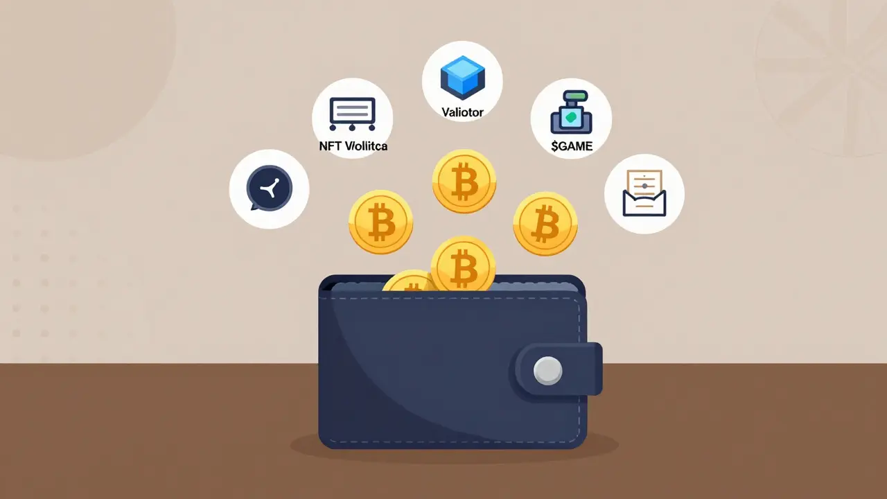 A digital wallet receiving BNB and emitting $GAME tokens as rewards, with NFT, node, and voting icons floating above.