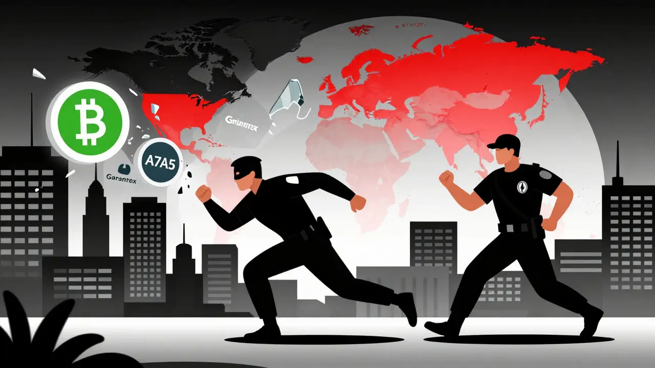 A fugitive fleeing across global cities as Garantex, Grinex, and A7A5 tokens shatter behind him.