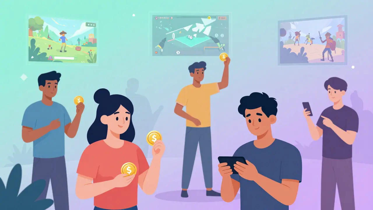 A group of gamers in a virtual space trading NFTs and earning $GAME tokens, with indie game trailers displayed in the background.