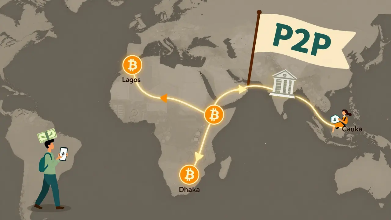 A map of Africa and South Asia showing Bitcoin flow between cities, bypassing banned banks and government restrictions.