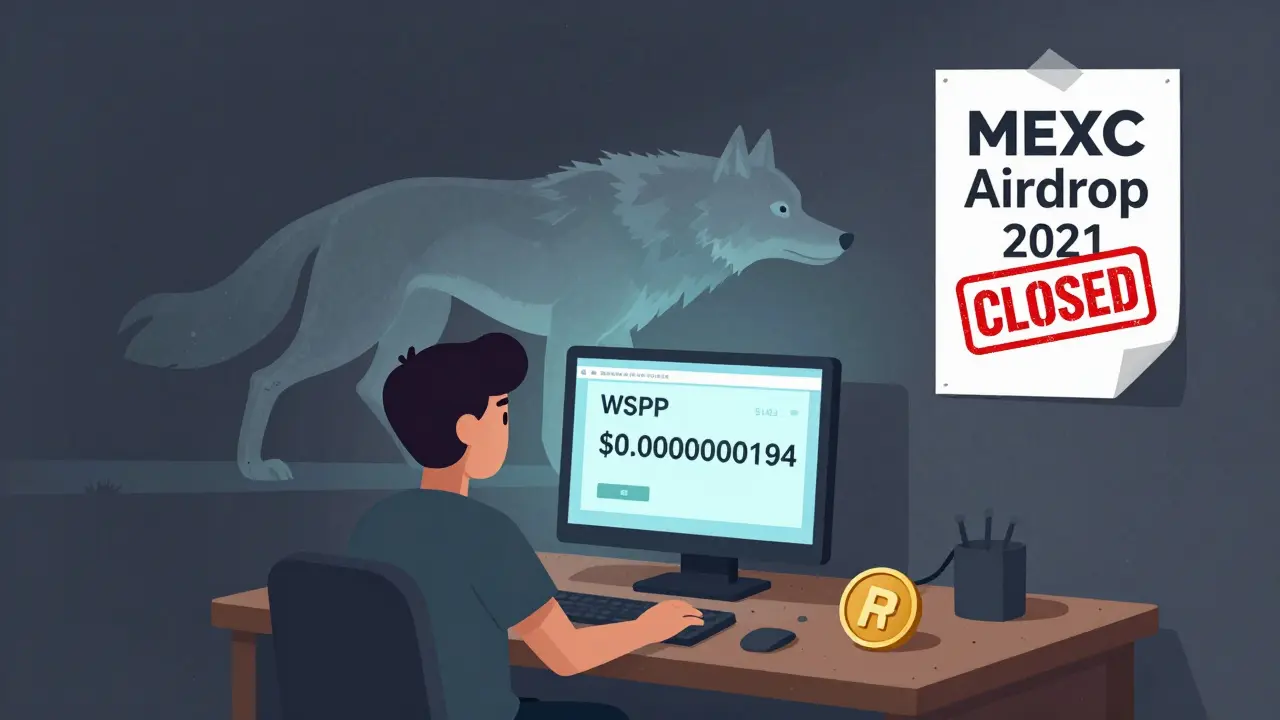 A person stares at a near-zero WSPP token price on a screen while a ghostly wolf fades away.
