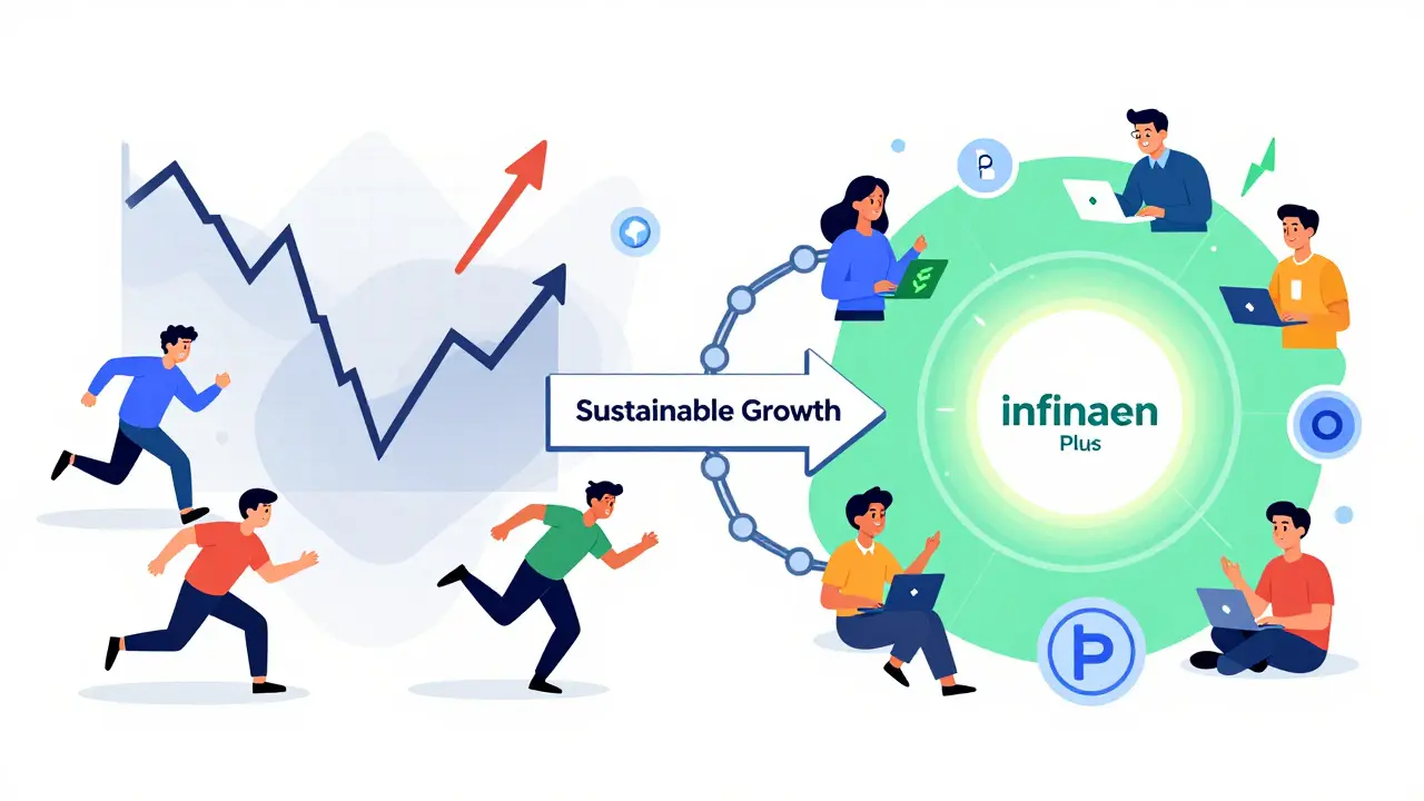 A split-panel cartoon: left shows a failing crypto project; right shows Infinaeon's growing ecosystem with users benefiting from real network activity.