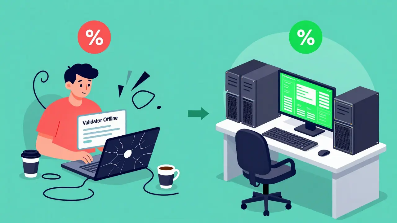 A split scene showing chaotic home staking setup vs. professional validator infrastructure with monitoring tools.