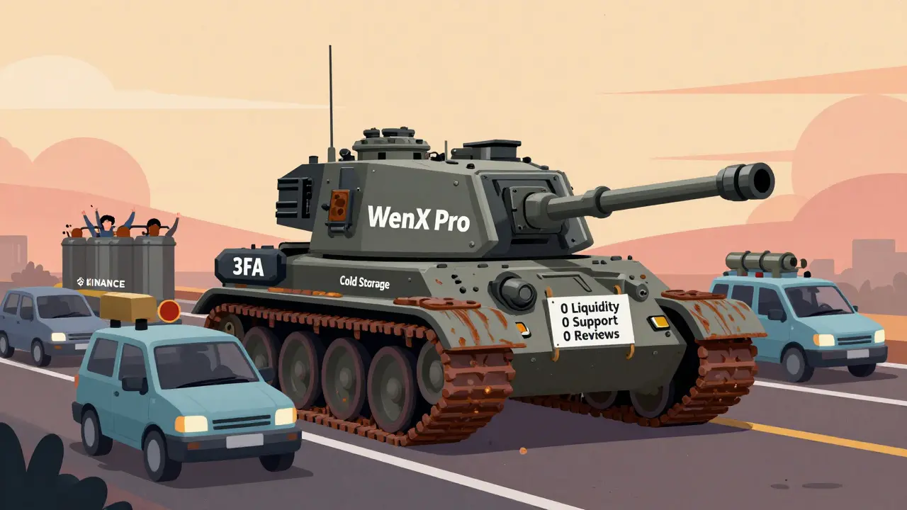 A tank labeled WenX Pro with no fuel, surrounded by other thriving exchanges, all parked in an abandoned lot.