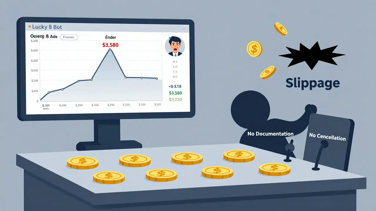 A trading interface with only 8 coins and a mysterious bot causing a price spike, while a user panics over slippage.