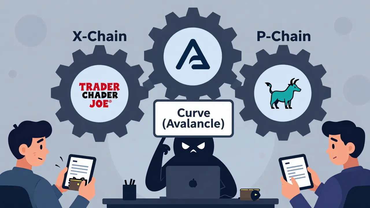 Avalanche blockchain with Trader Joe and Pangolin DEXs, while a fake 'Curve (Avalanche)' sign glows uncertainly.
