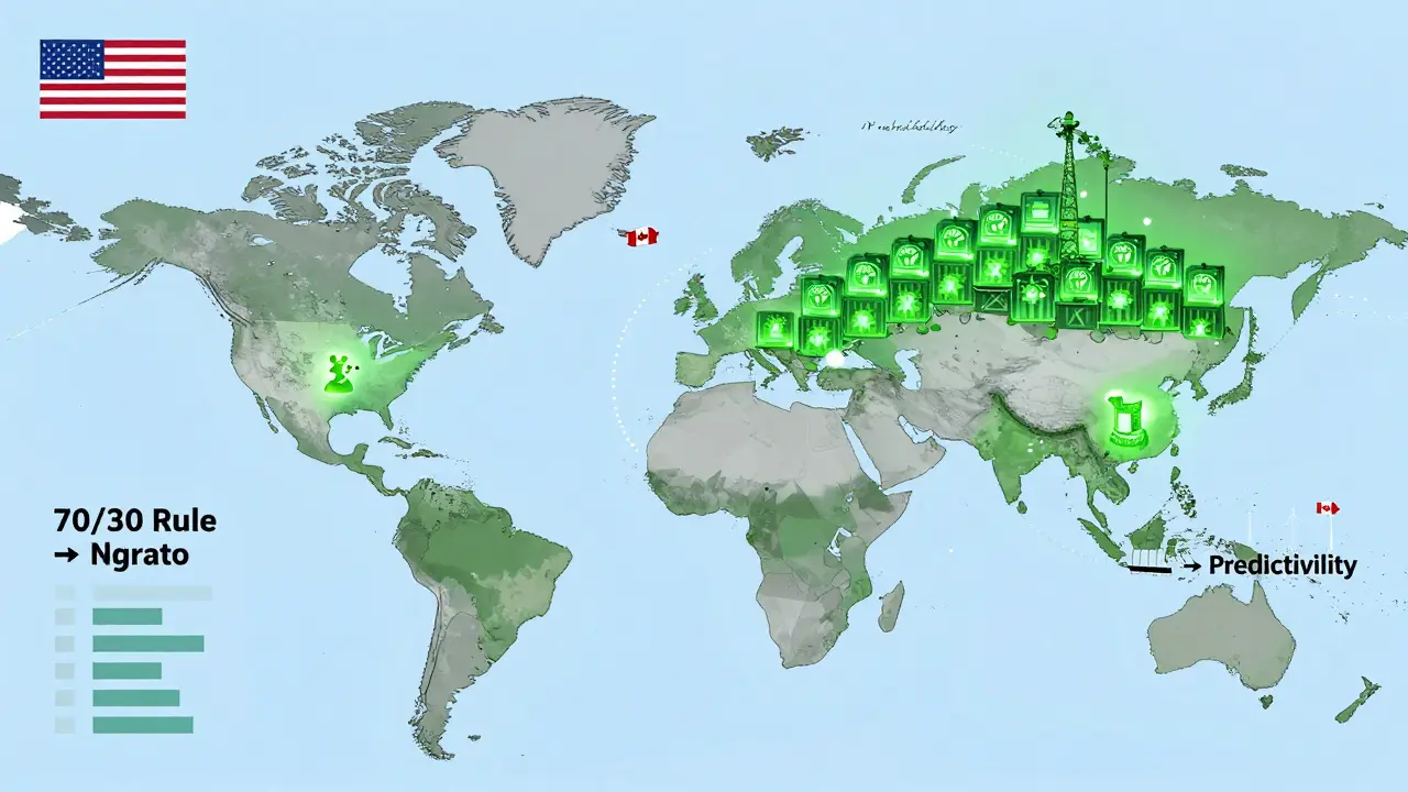 Bitcoin mining migration map showing energy hubs in U.S. and Canada growing while Kazakhstan shrinks.