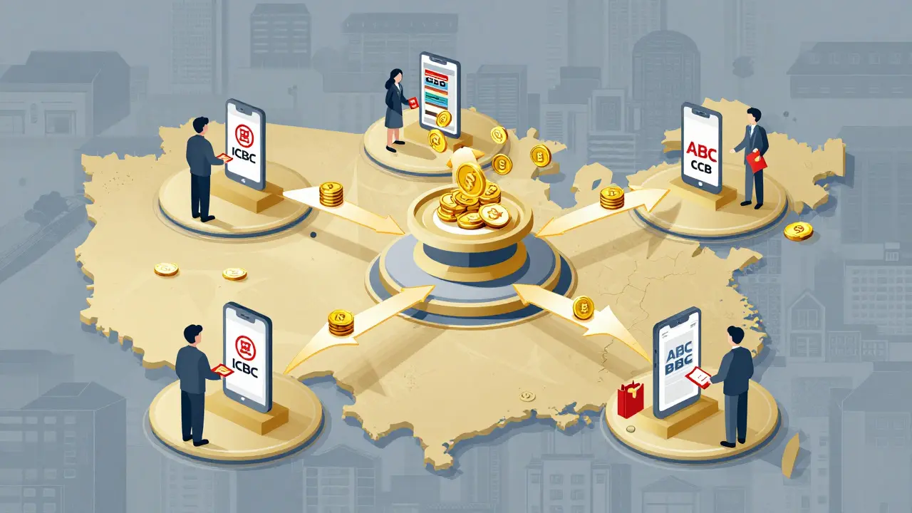 Centralized distribution of Digital Yuan wallets from Chinese banks to citizens across cities and villages.