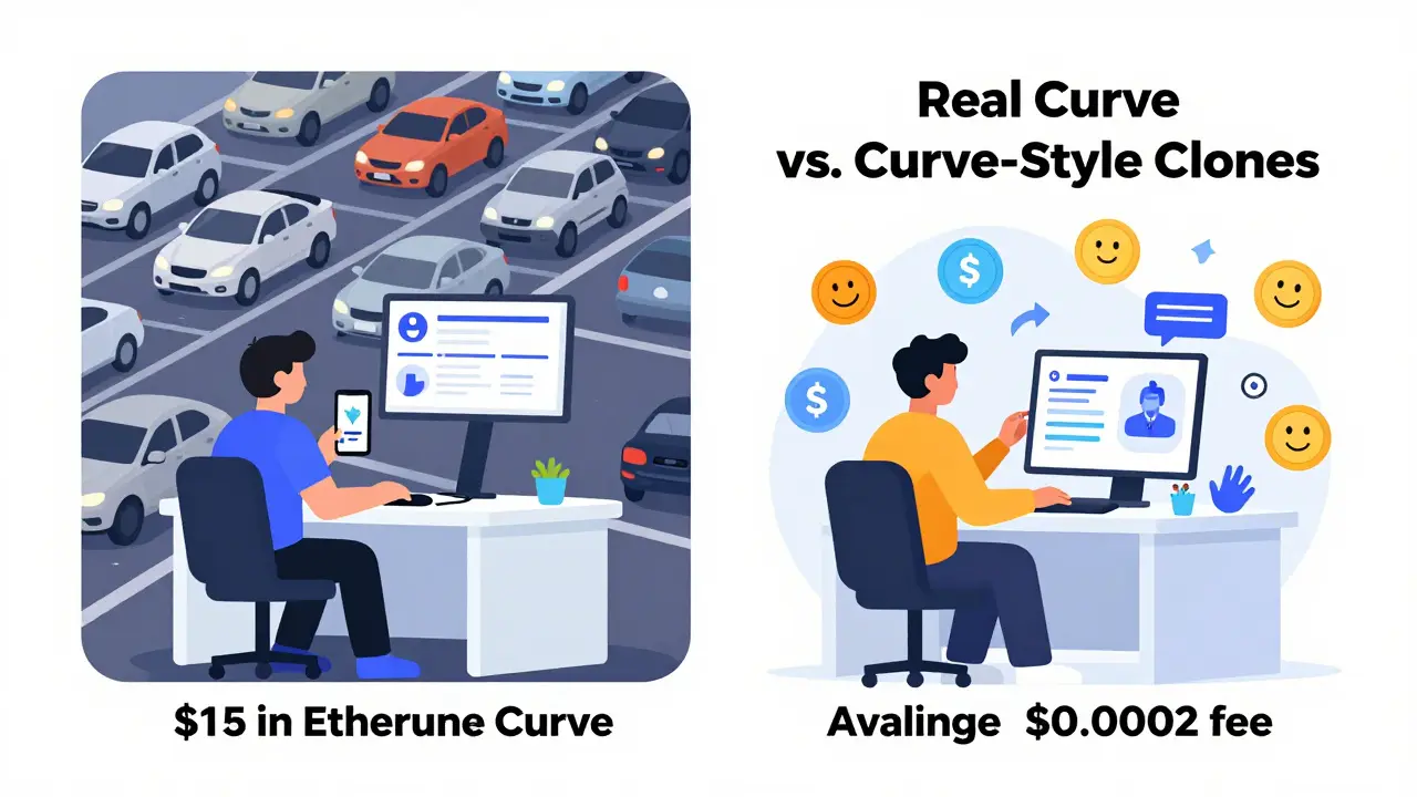 Comparison of high-fee Curve on Ethereum vs. low-fee Trader Joe on Avalanche, with visual contrast in speed and cost.