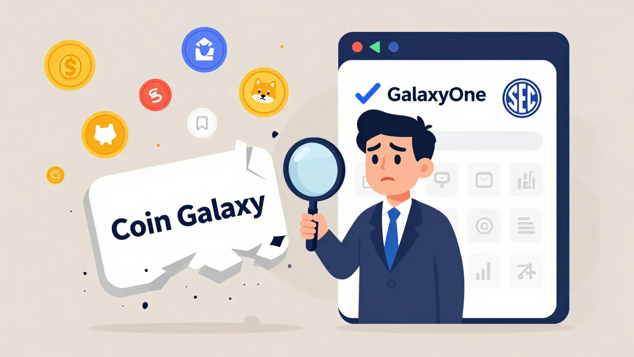 Confused investor facing a fading 'Coin Galaxy' sign while GalaxyOne shines clearly behind.