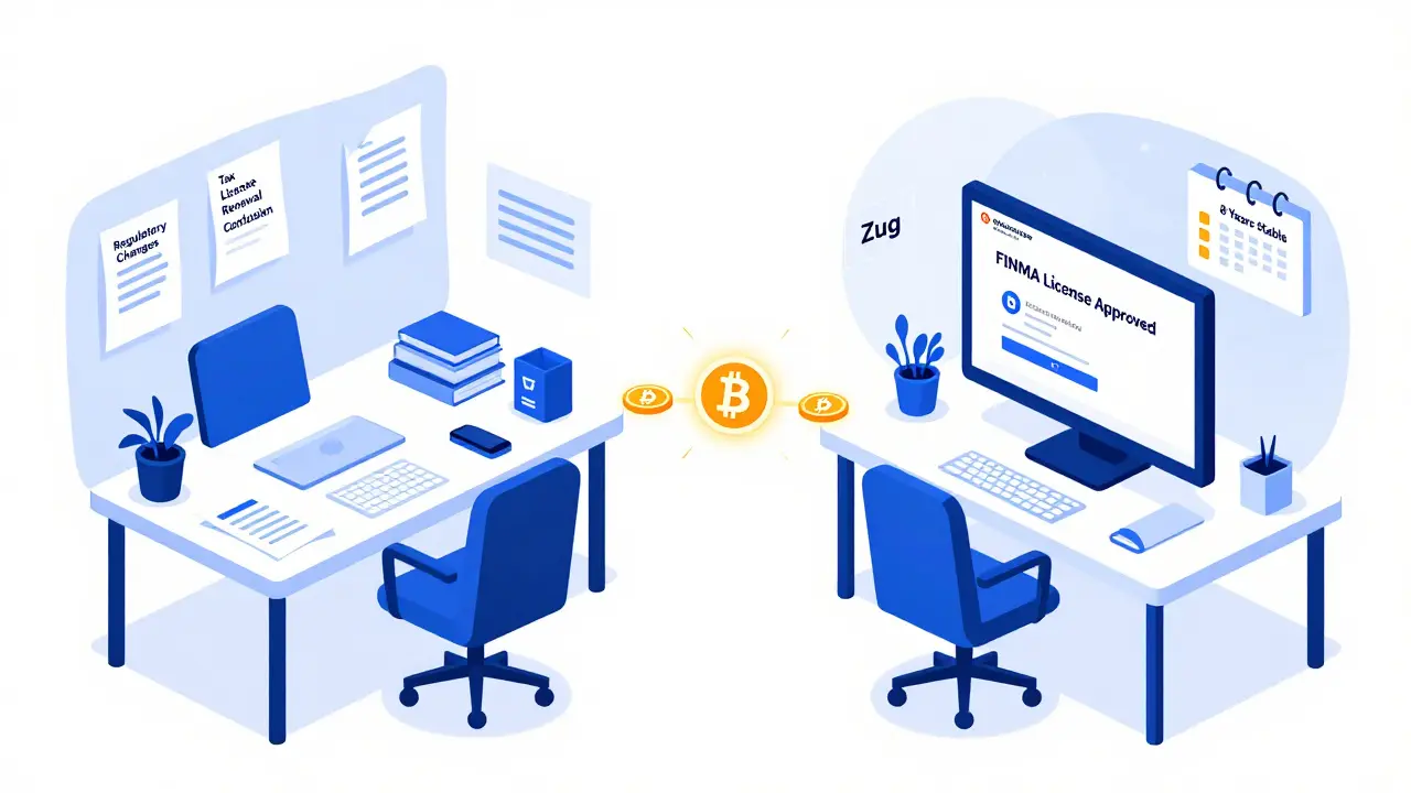 Contrast between chaotic regulatory stress in Lisbon and calm legal certainty in Zug.