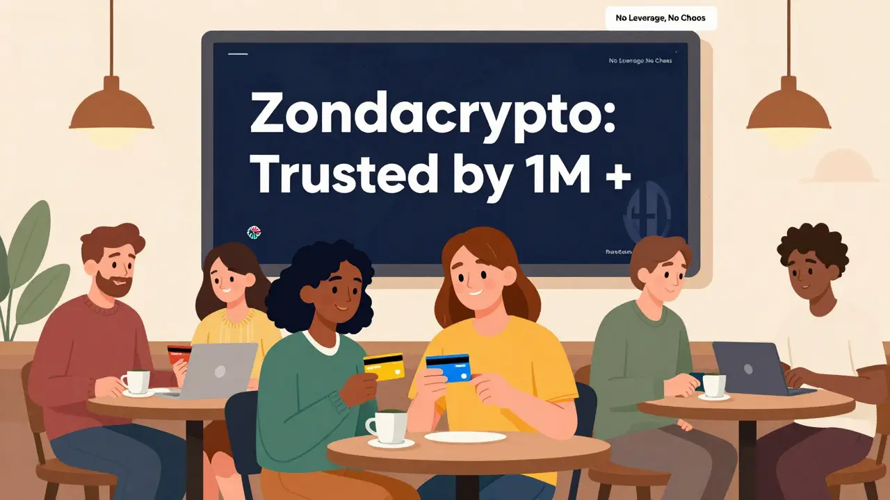 Diverse European users buying crypto at a café, with Zondacrypto branding and Bologna FC logo in the background.