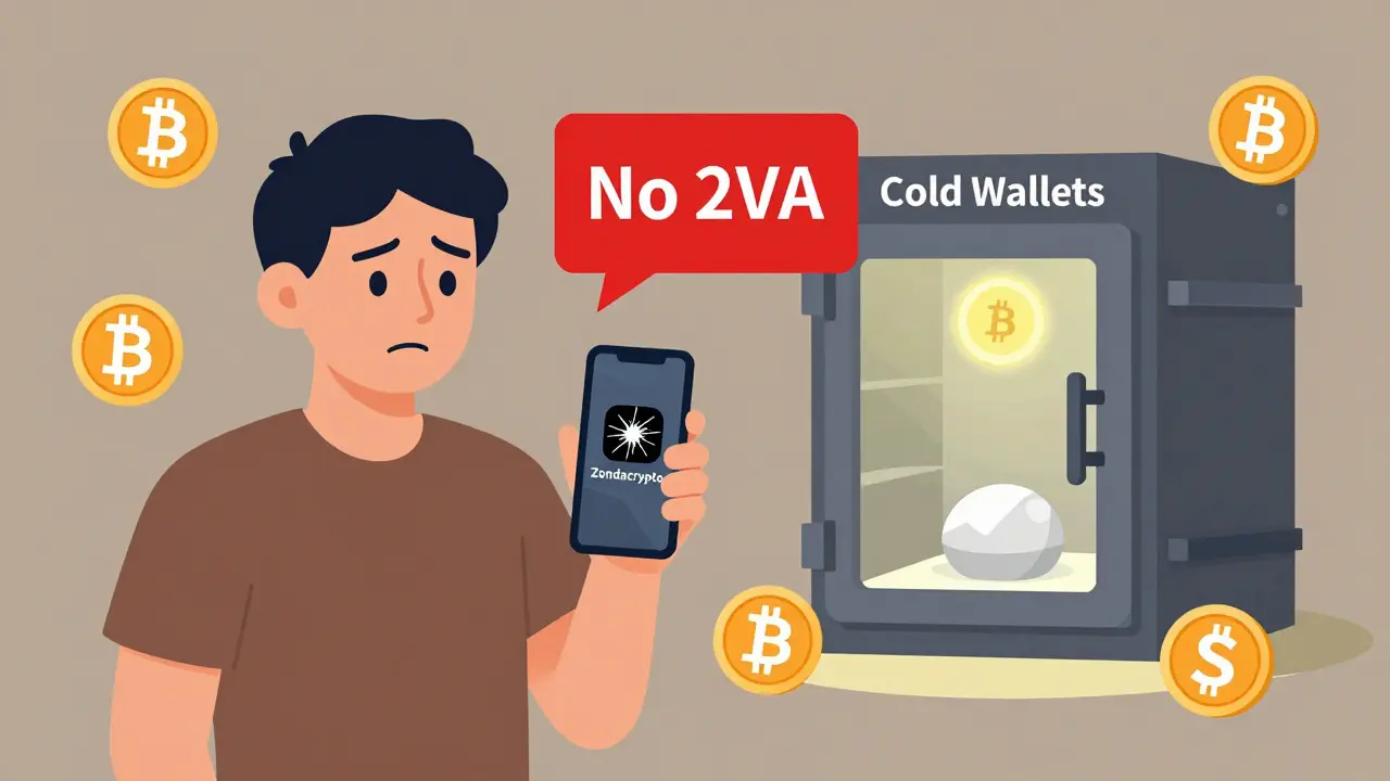 European user with a cracked Zondacrypto app and a 'No 2FA' warning, contrasted with a secure cold wallet vault.