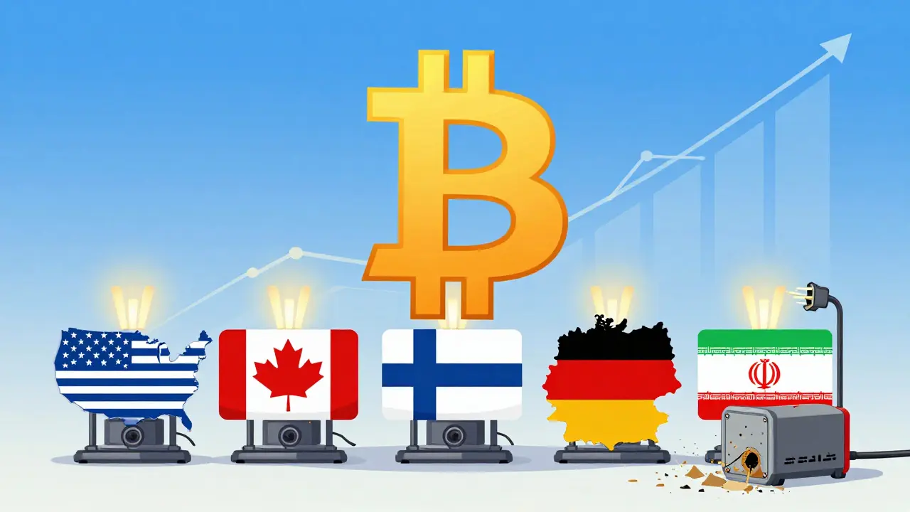 Global Bitcoin hash rate rising above stable mining locations, with a discarded rig left behind in Kazakhstan.