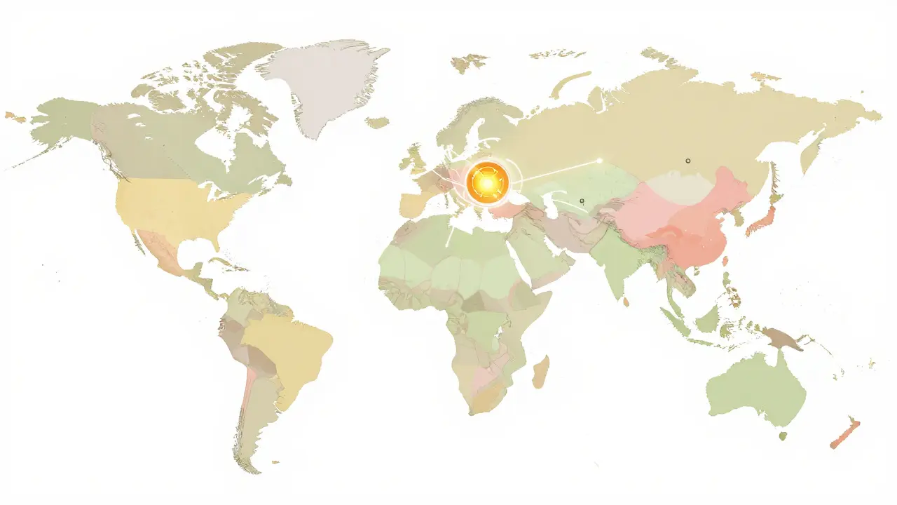 Global map showing Switzerland connected via blockchain nodes