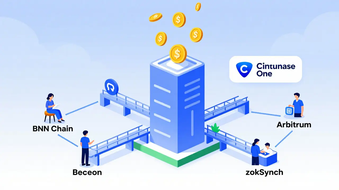 Multi-chain DeFi hub with PancakeSwap v3 connecting BNB Chain, Base, and zkSync, CAKE tokens raining down.