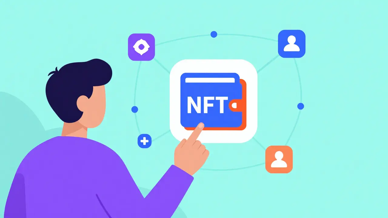 Person transferring NFT using digital wallet with blockchain nodes