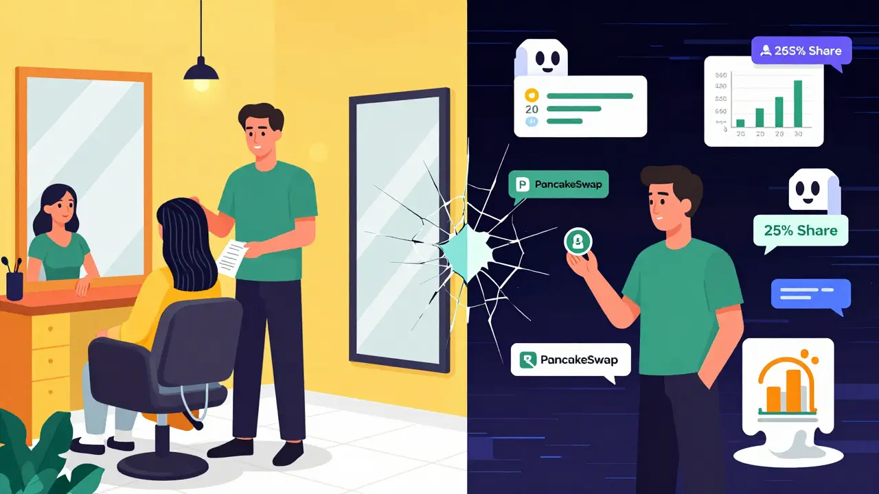 Split cartoon: real beauty salon vs. glitchy digital trading scene with bots and fake charts.