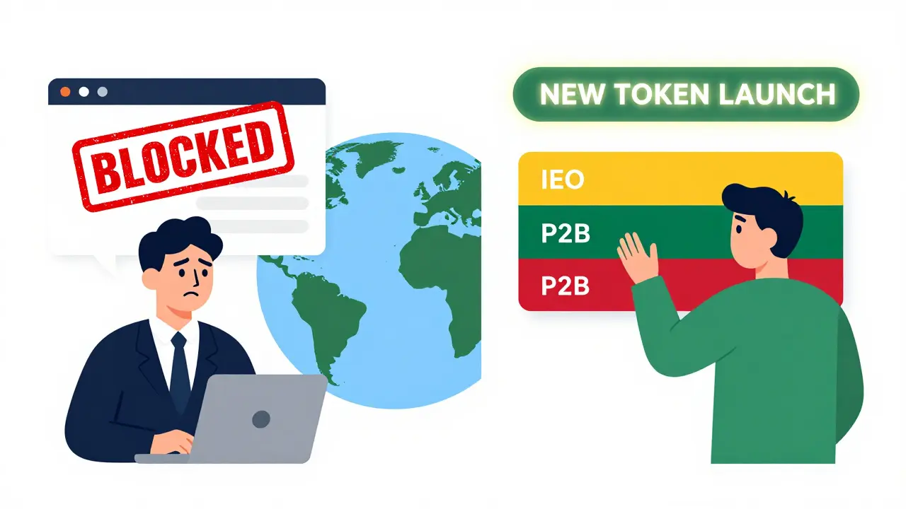 Split scene: a trader blocked in the U.S. versus another successfully trading on P2B in Lithuania with global restrictions shown.