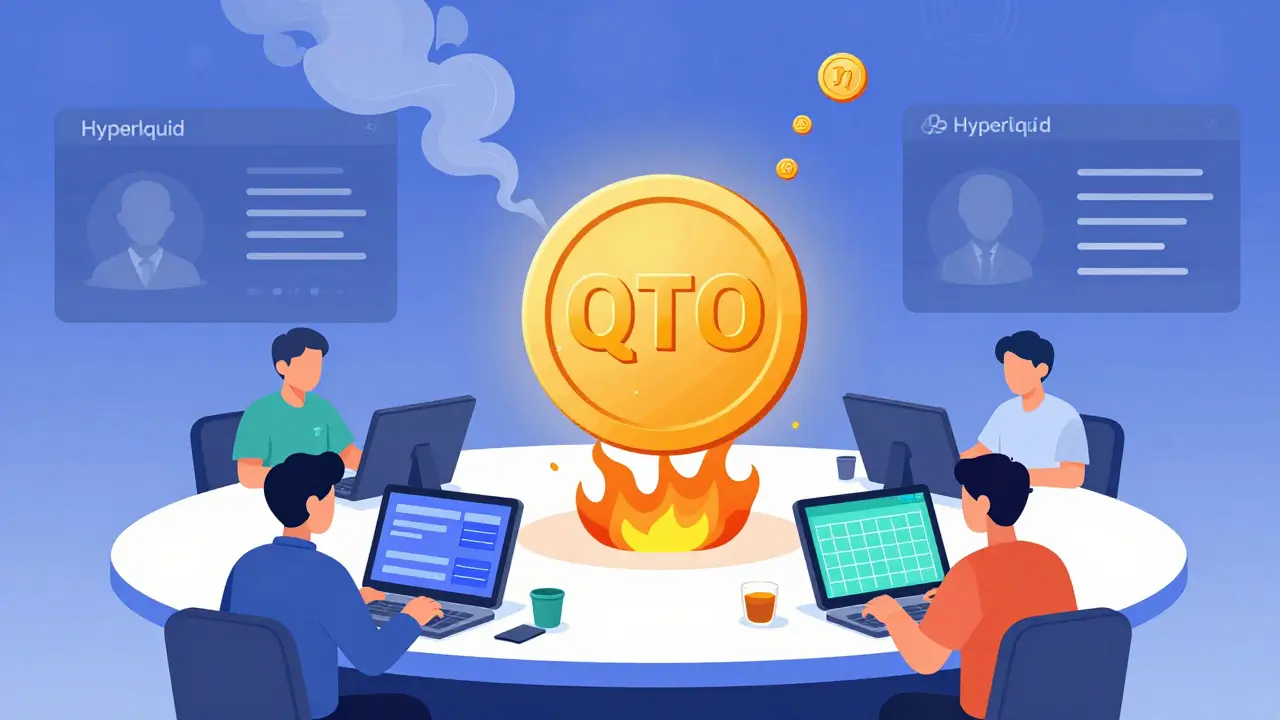 Traders using advanced tools on a Solana DEX while QTO tokens burn above them, with competitors shown in the background.