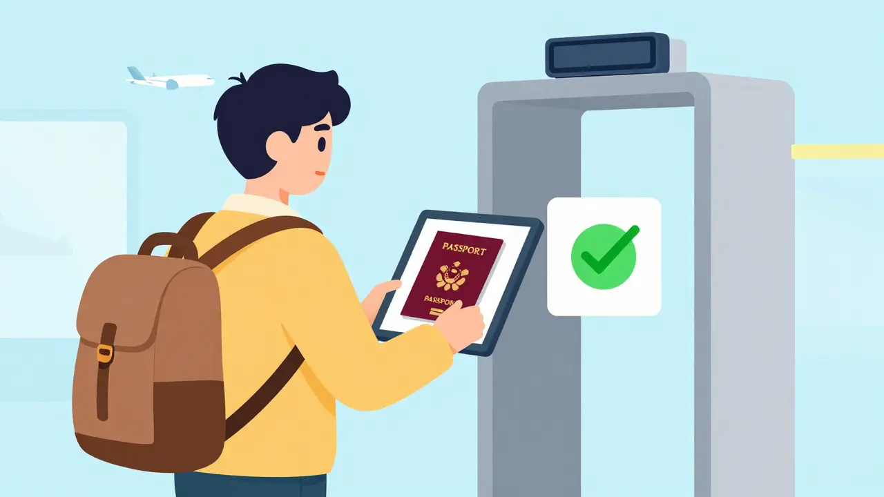 Traveler presenting digital passport at airport with verification checkmark