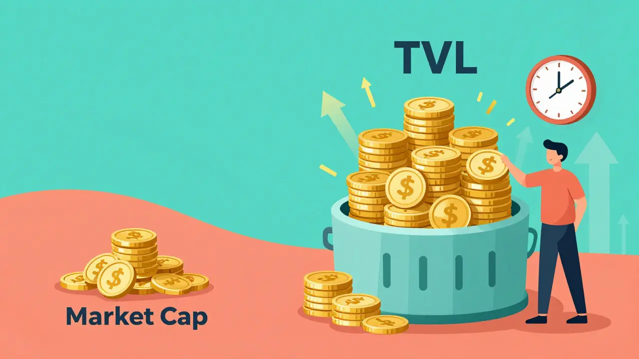 Two DeFi protocols compared: one with idle tokens, the other with active locked funds as a user deposits more.