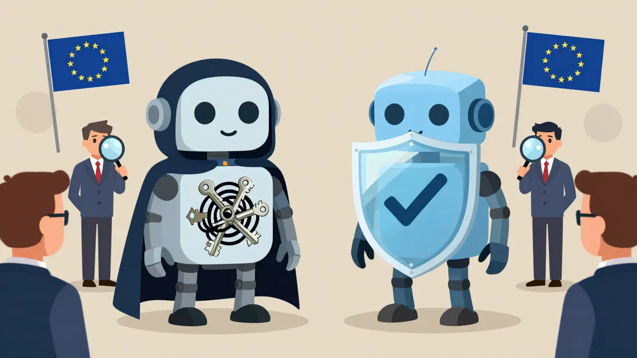 Two robots representing Monero and Zcash privacy methods, watched by regulators.