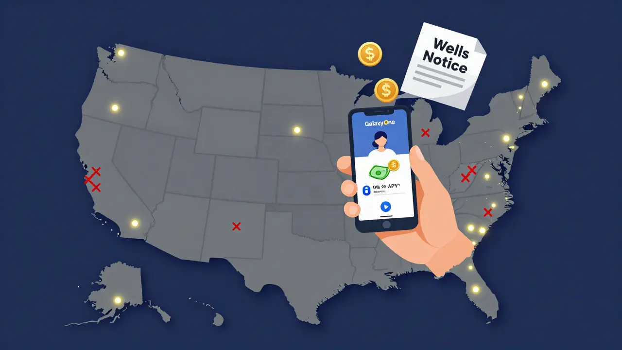 U.S.-only access map for GalaxyOne with red Xs over other countries and high-yield icons above.