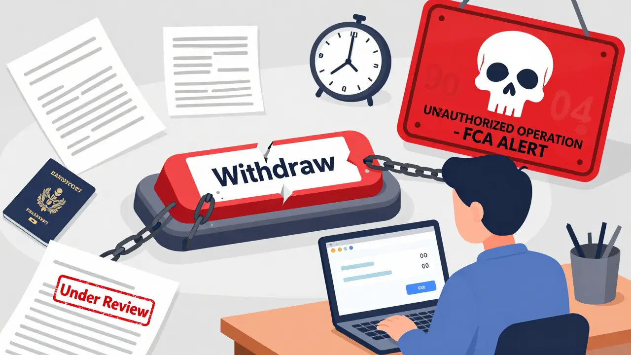 A broken withdrawal button is chained shut, surrounded by expired documents and a skull-shaped FCA warning sign.