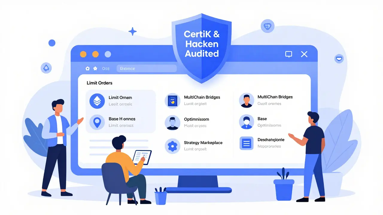 A DeFi hub showing multi-chain support and strategy marketplace with an audit shield above.
