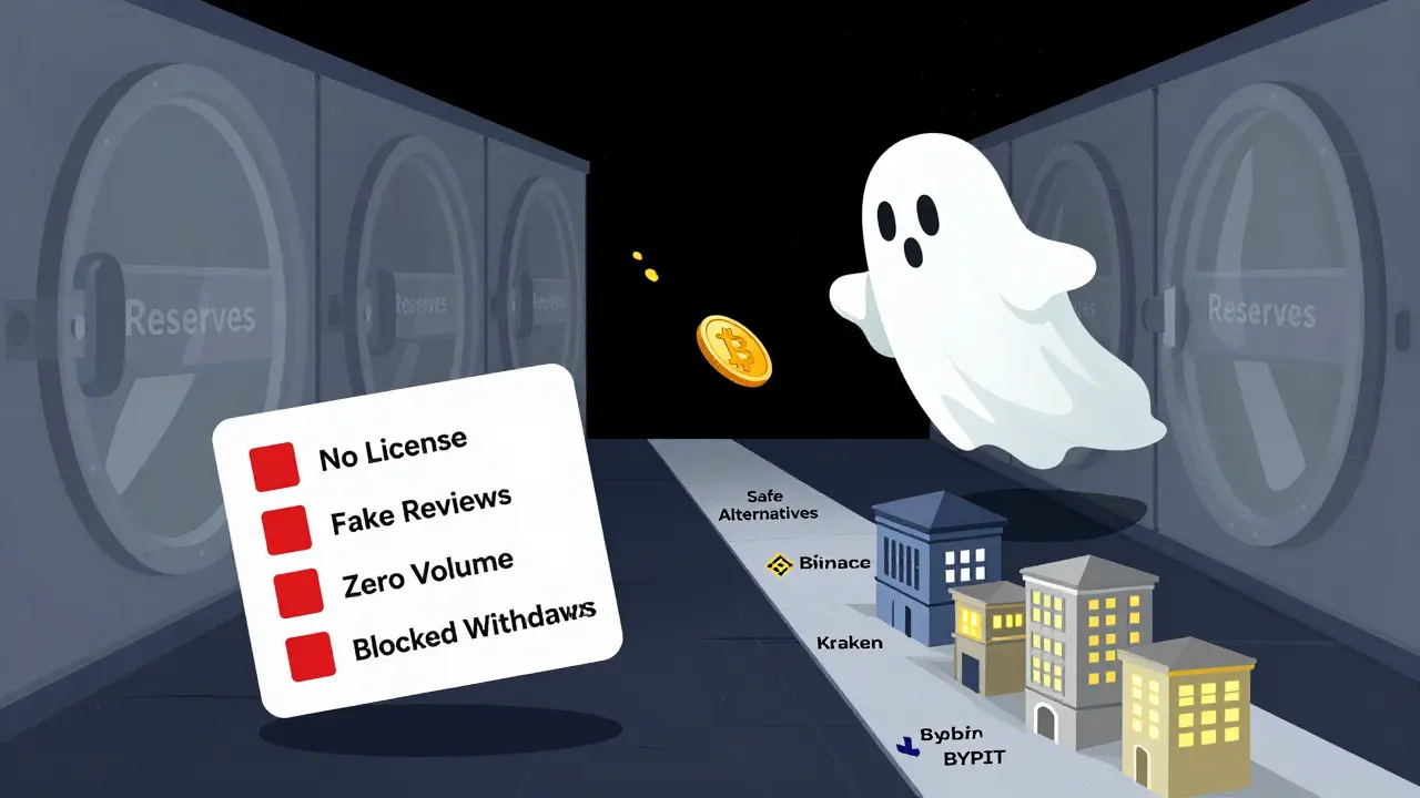 A ghostly exchange reveals empty vaults while red flags float nearby, with safe alternatives visible in the distance.