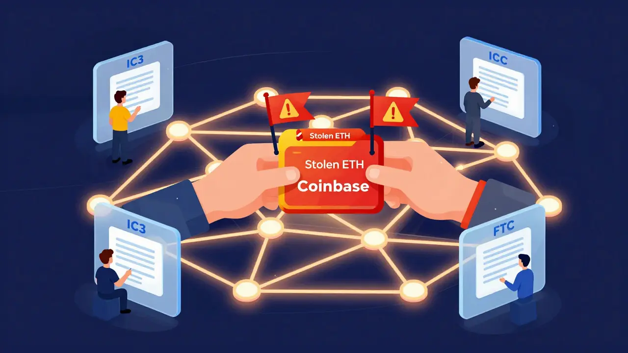 A glowing blockchain network with flagged scam wallets being blocked by major crypto exchanges.