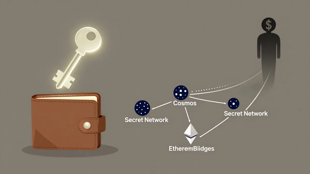 A glowing key securing encrypted trade data across blockchain networks, while a profit-seeking figure fades away.