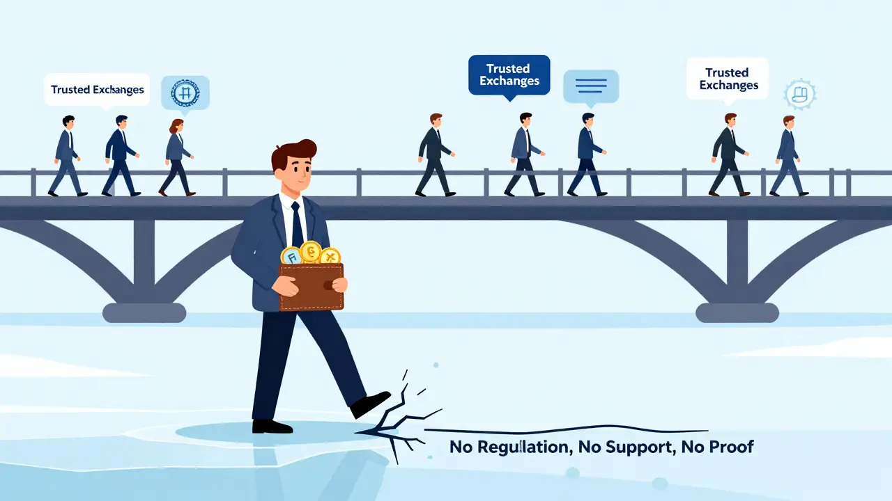 A lone investor on cracking ice labeled 'No Regulation' while others walk safely on a trusted exchange bridge.