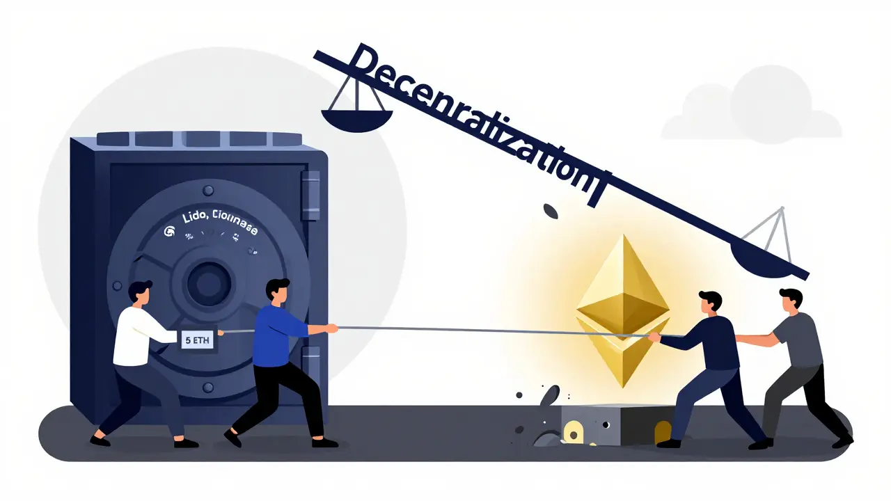 A lone staker struggling against corporate staking providers on a scale representing decentralization loss.