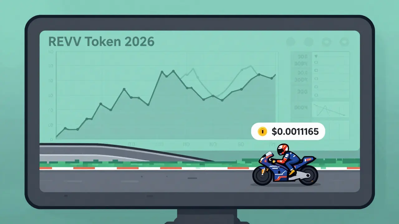A quiet digital dashboard showing REVV token price at <h2>Where REVV Stands Today</h2>.001165, with one player racing in MotoGP™ Ignition, no activity around.