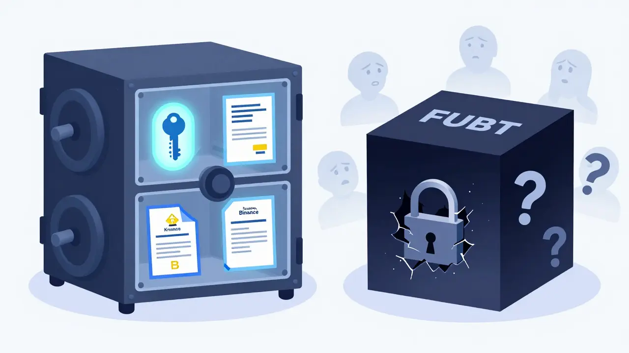 A scale comparing transparent, audited exchanges versus a dark, empty box labeled FUBT.