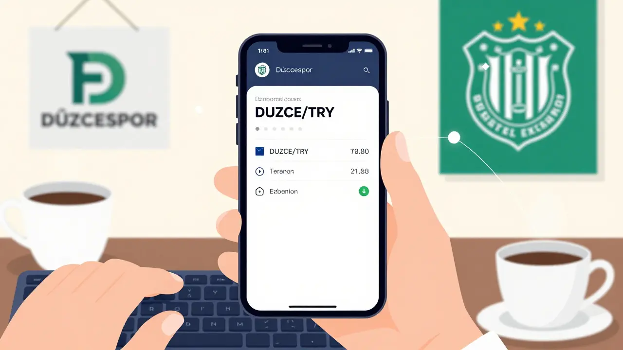 A smartphone shows DUZCE/TRY trading on a crypto exchange with a Düzcespor poster in the background.