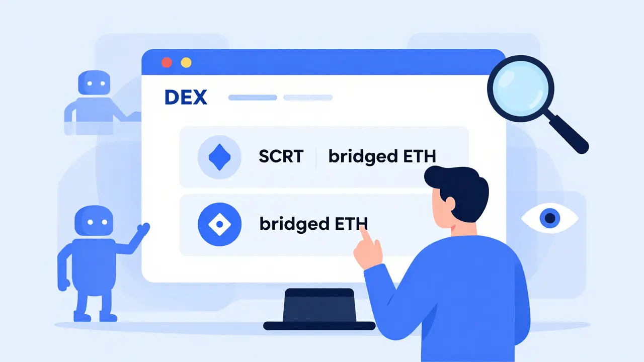 A user swapping tokens on a privacy-focused DEX interface, with invisible force fields blocking surveillance.