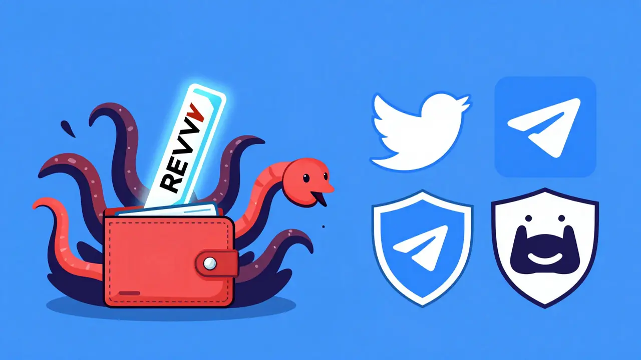 A warning scene: phishing link trying to steal a wallet versus official REVV community channels protected by a shield.