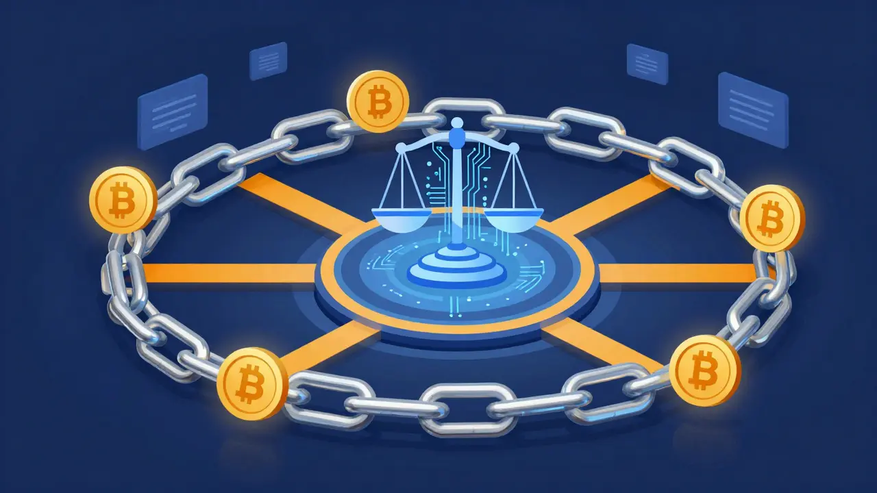 Blockchain network nodes protected by a legal balance scale.