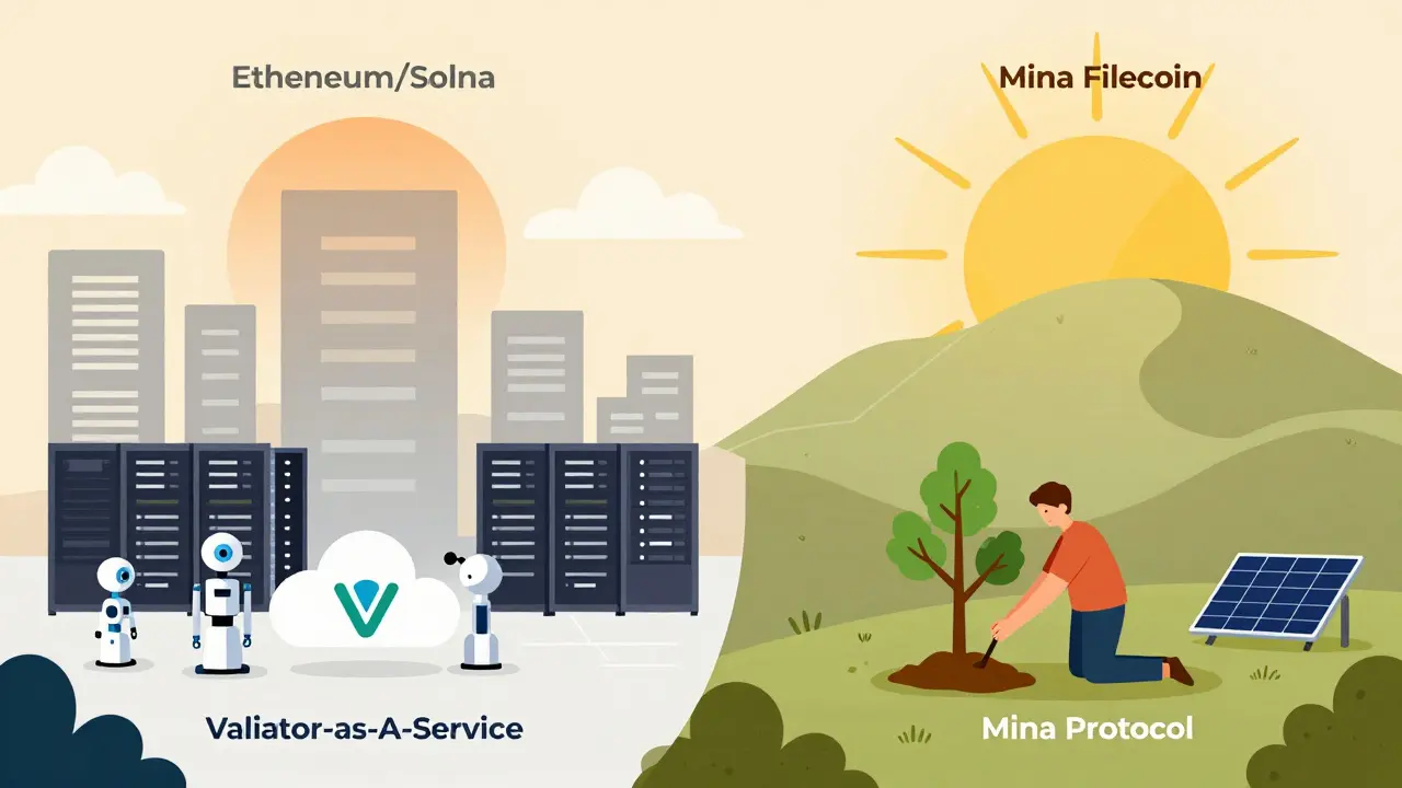Corporate data center versus a small Mina Protocol validator on a hill, symbolizing future validation trends.