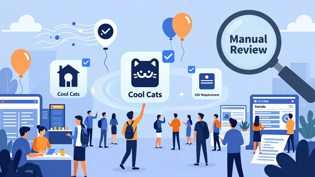 Crowded NFT marketplace with verified collections glowing and new projects being blown away by a 250 ETH wind barrier.