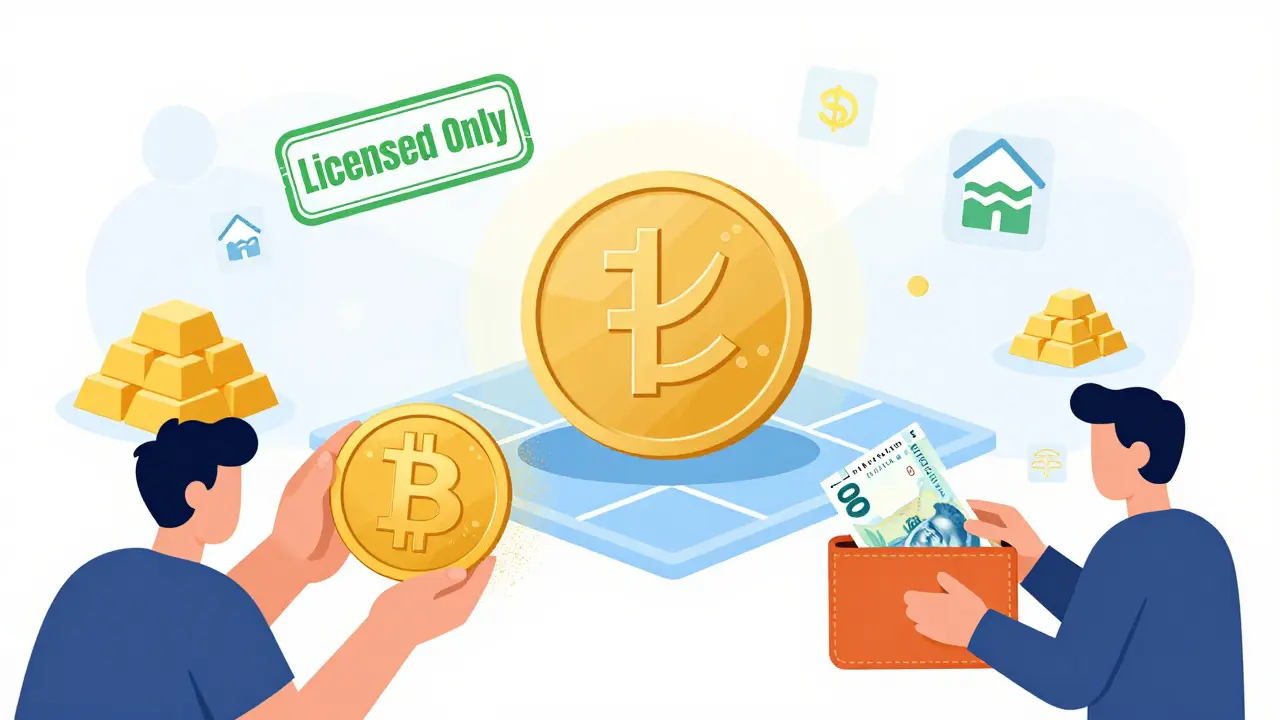 Digital lira on a blockchain with tokenized assets, while Bitcoin fades away, showing state-controlled digital currency replacing crypto.