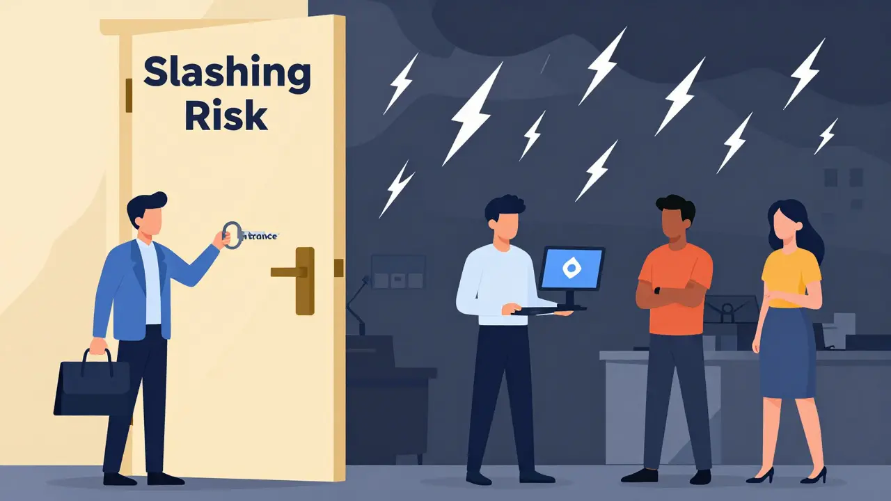 Enterprise user with insurance key opens door to safety while others face slashing risk in flat illustration.