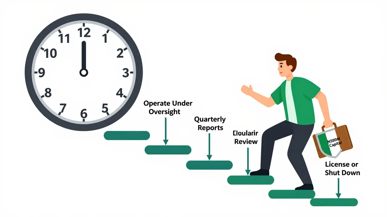 Entrepreneur climbing ARIP timeline steps with capital briefcase and Nigerian shield.