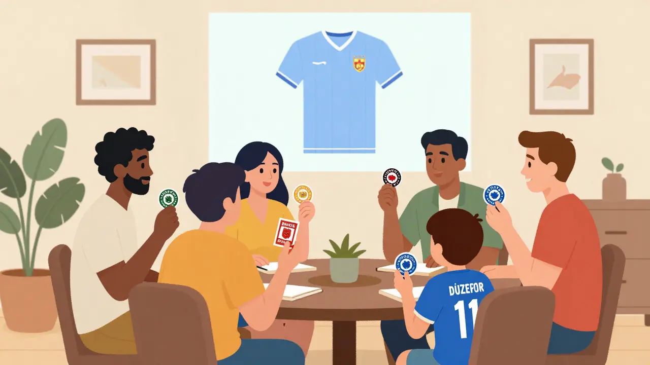 Fans vote on a digital jersey design together, with a child watching proudly in a home setting.