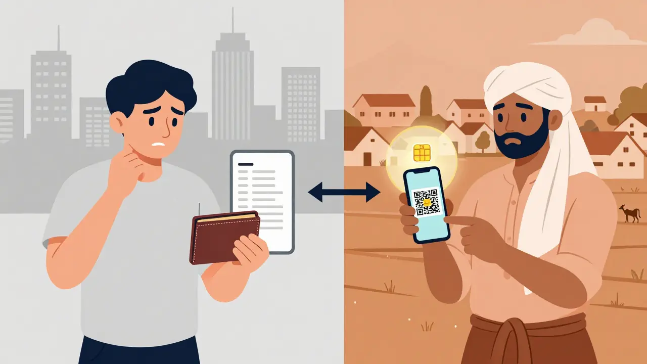 Farmer receiving CBDC subsidy on phone offline, compared to person struggling with crypto wallet.