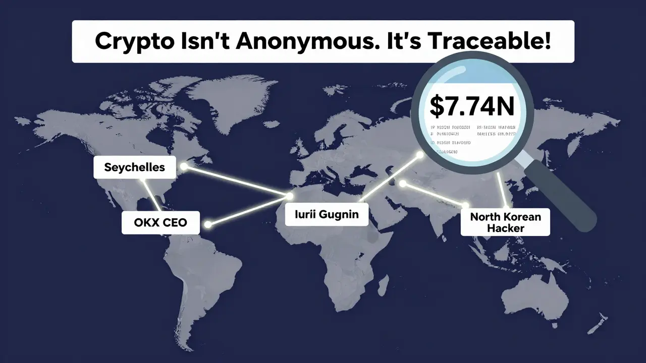 Global map showing blockchain trails leading to prison cells labeled with names of sanctioned crypto offenders, under a magnifying glass.