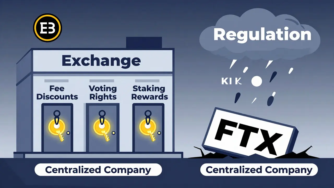 Glowing tokens unlocking benefits from a corporate exchange building, while a regulatory storm looms and the foundation cracks beneath.